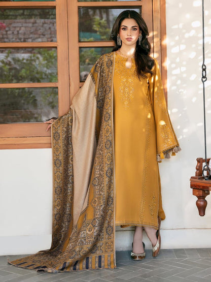 IZEL - 3PC DHANAK EMBROIDERED SHIRT WITH TWILL PRINTED SHAWL AND TROUSER