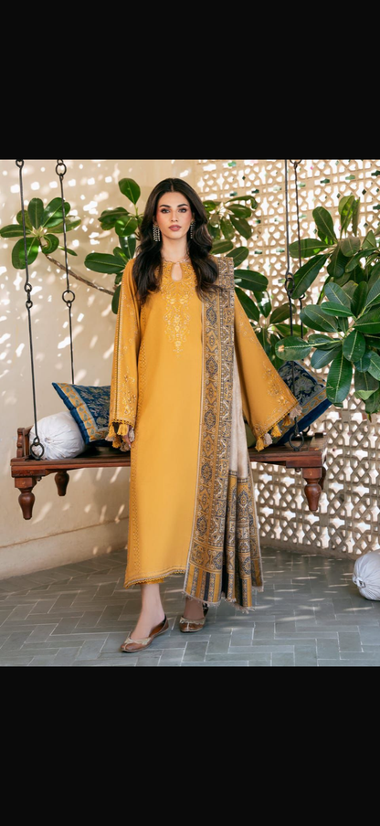 IZEL - 3PC DHANAK EMBROIDERED SHIRT WITH TWILL PRINTED SHAWL AND TROUSER