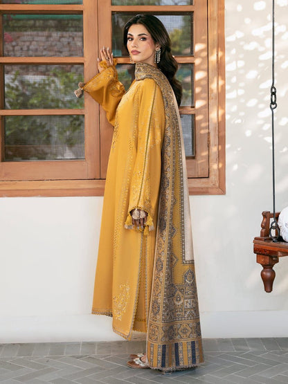 IZEL - 3PC DHANAK EMBROIDERED SHIRT WITH TWILL PRINTED SHAWL AND TROUSER